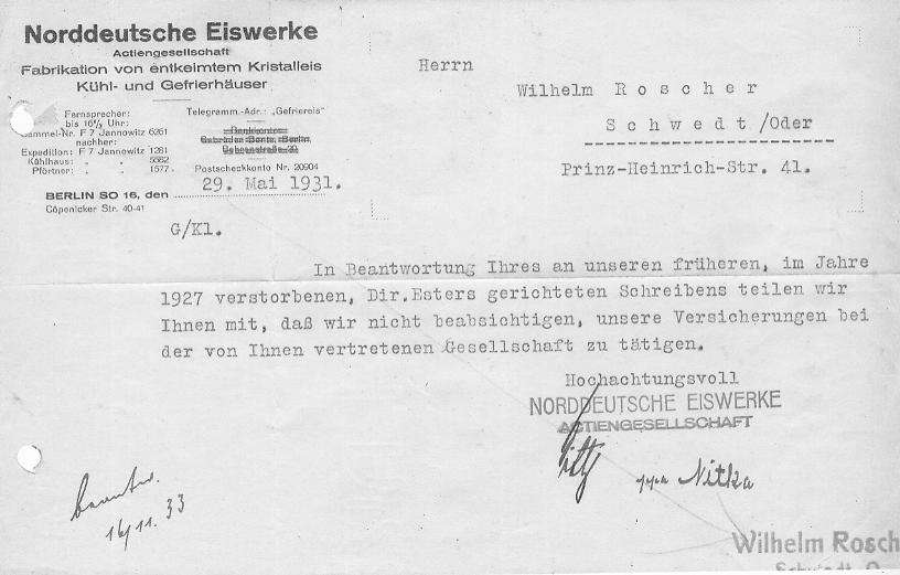 Briefkopf der Norddeutschen Eiswerke 1931